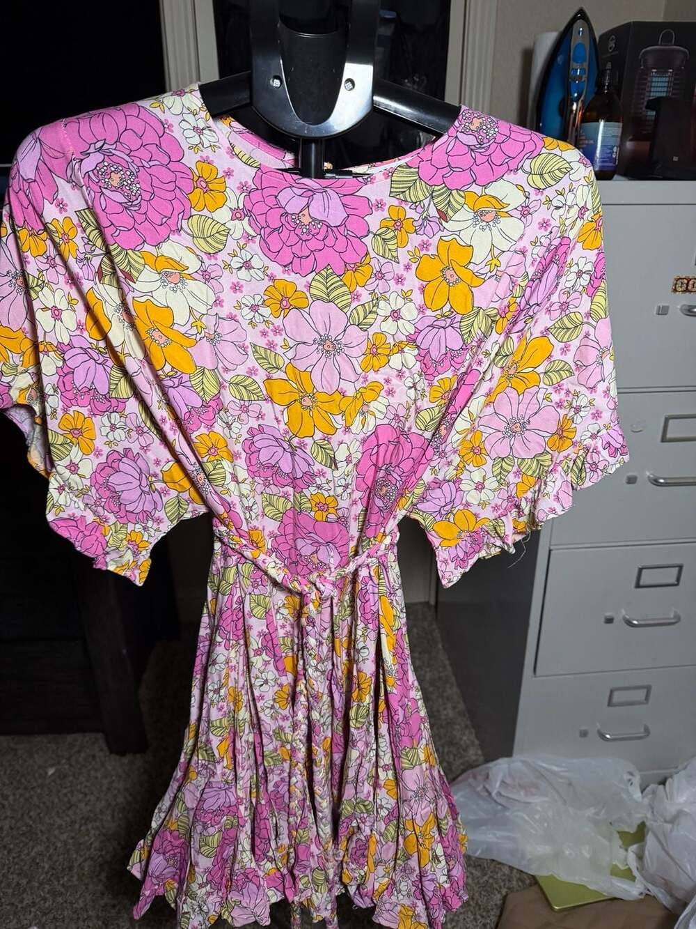 STORIA Pink Multi Floral Short Sleeve Ruffle Tiered Dress With Belt Size Small